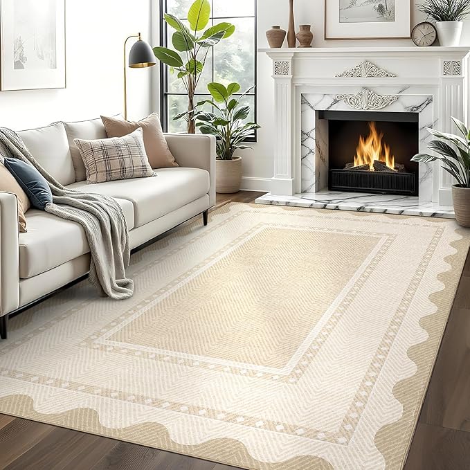 GarveeHome Modern Neutral Area Rug 5x7 Non Slip Washable Rugs for Living Room, Contemporary Bordered Rugs Stain-Resistant Soft Carpet, Low Pile Floor Mats for Dining Room, Bedroom, Beige