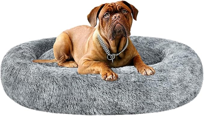 Coohom Oval Calming Donut Cuddler Dog Bed,Shag Faux Fur Cat Bed Washable Round Pillow Pet Bed(30"/36"/43") for Small Medium Dogs (L(30"x24"x7"), Grey)
