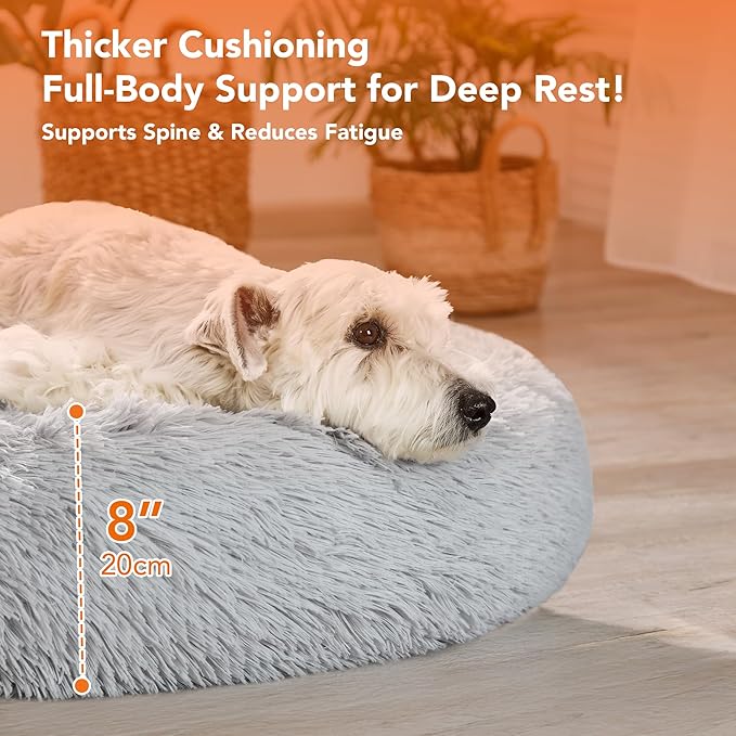 Deconovo Calming Donut Dog Bed, Washable Plush Round Pet Bed for Small Dogs & Cats with Raised Rim, Non-Slip Base and Soft Faux Fur—Lightweight, Easy-Care Design Light Grey 30" L x 30" W x 8" Th