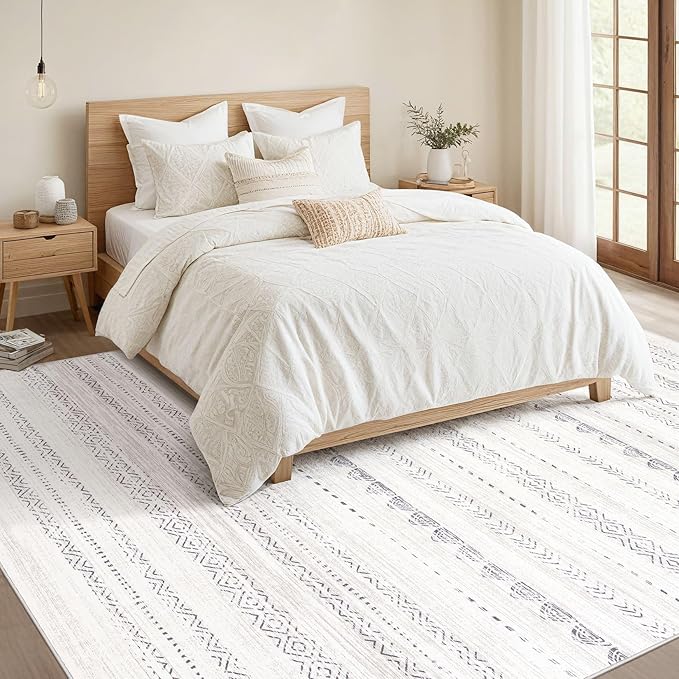 Nakagishi 8x10 Area Rugs Living Room: Washable Boho Large Neutral Soft Farmhouse Rug Stain Resistant Modern Moroccan Non-Slip Indoor Carpet for Bedroom Nursery Kids Playroom Office Dining Room- Gray
