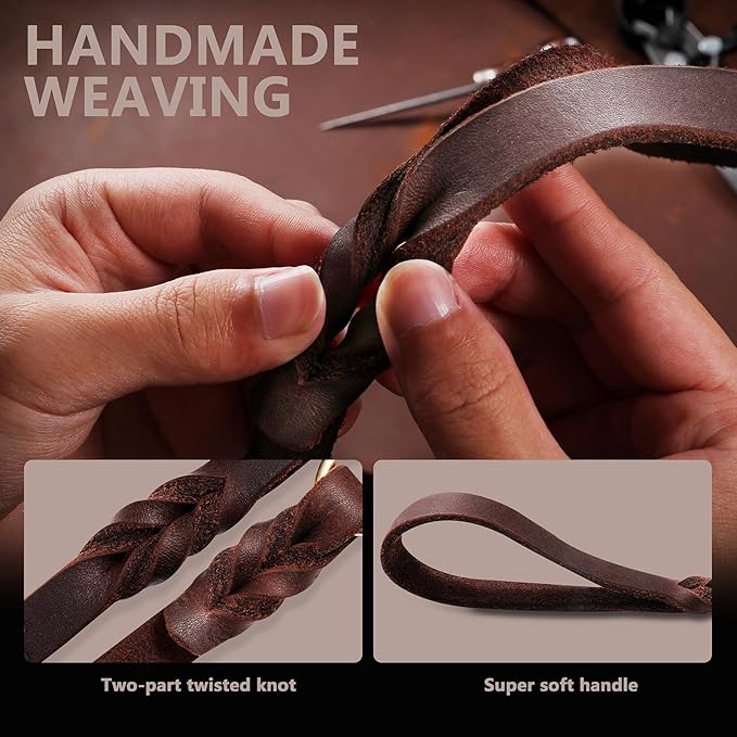 QUMY Leather Dog Leash 6ft, Heavy Duty Dog Training Leash for Large and Medium Dogs, Soft and Strong Genuine Leather Braided Handmade Long Lead Leash for Dog Training, Brown