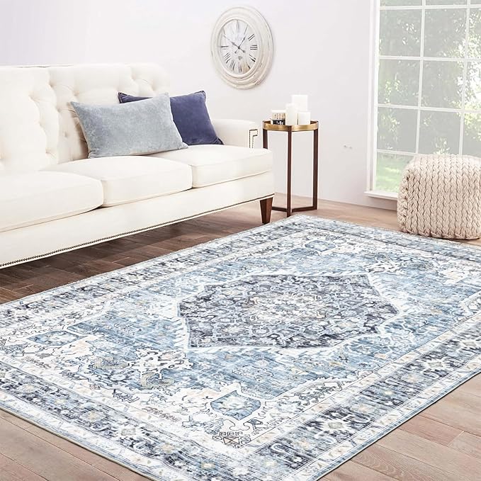 Area Rug 6횞9, Large Vintage Boho Rug,Ultra-Soft Low Pile, Washable, Non Slip,Stain Resistant, Printed Carpet for Living Room Bedrooms Playroom Office Kitchen, Light Blue