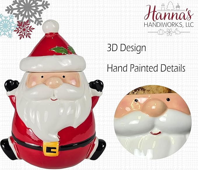 Hanna's Handiworks Jolly Santa Cookie Jar - Merry Decor for Kitchen Storage and Decoration for Holiday Parties and Everyday Use - Perfect for Home, Office, Dorm, and School