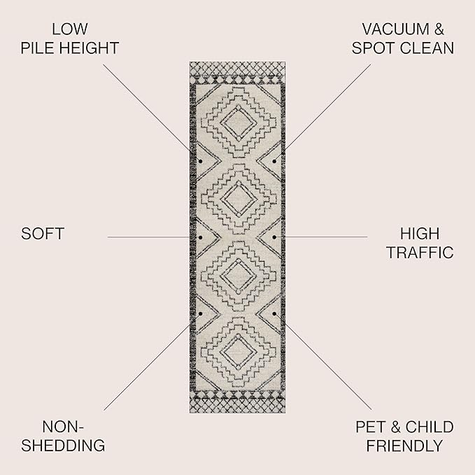 JONATHAN Y Amir Moroccan Beni Souk Cream/Black Runner Rug, 2x20, Bohemian, Scandinavian, Easy-Cleaning for Living Room, Bedroom, Kitchen, Pet Friendly, Non-Shedding (MOH200A-220)