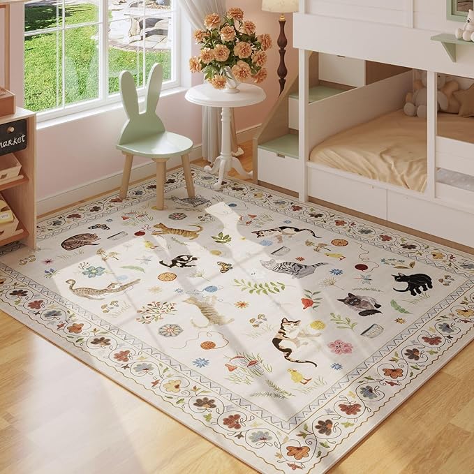 Rugcomf Area Rug 4x6 Rug Washable Boho Rugs Non Slip Low Pile Floral Animal Cat Small Carpet for Bedroom Bedside Kids Room Office Dining Room, Beige