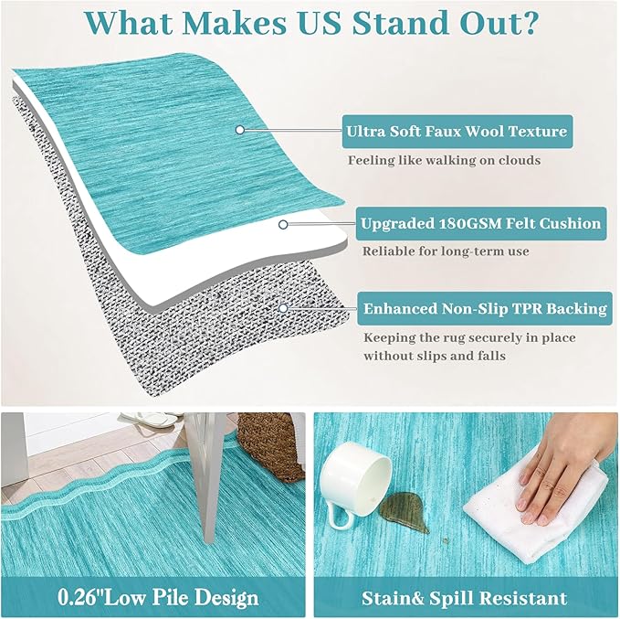 GarveeHome Modern Rug for Living Room 9x12 Large Scalloped Carpet, Non-Shedding Contemporary Easy Cleaning Mats, Solid Color Teal Indoor Rug for Office, Dining Room, Playroom, Bedroom