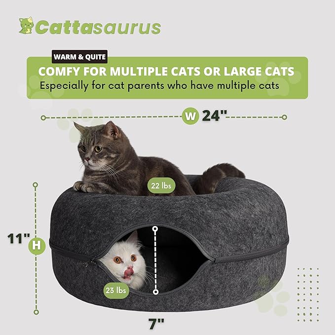 Cattasaurus Peekaboo Cat Cave Donut for Multiple & Large Cats up to 30-45 lbs, 3-in-1 Self Warming Cat Bed, Tunnel & Scratcher for Indoor Cats, Washable & Detachable (Light Gray + Dark Gray, Large)