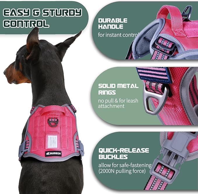BUMBIN Tactical Dog Harness for Large Dogs No Pull, Famous TIK Tok No Pull Puppy Harness, Fit Smart Reflective Pet Walking Harness for Training, Adjustable Dog Vest Harness with Handle Pink L