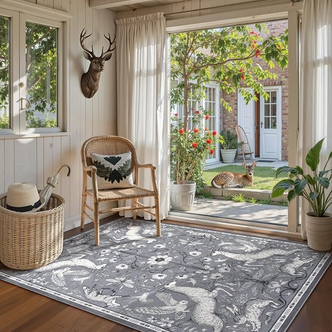 Lahome Boho Animal Rug, 5x7 Washable Living Room Area Rugs, Grey Soft Rugs for Bedroom, Botanical Large Boho Non Slip Dining Room Carpet for Under Table Entryway Kitchen Office (5x7ft, Grey)