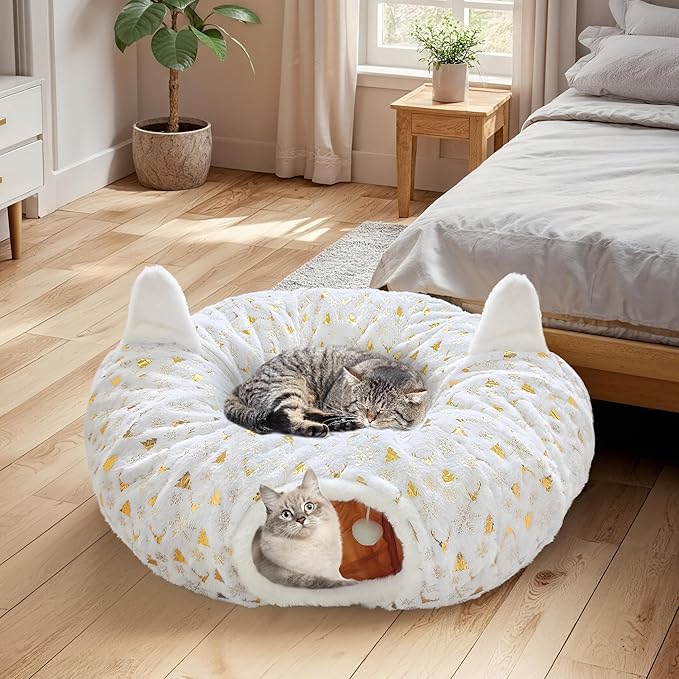 Cat Tunnel Christmas Tree Skirt, Cat Tunnel Bed with Hanging Toy Ball, Foldable Plush Cats Cave Donut Tunnel Christmas Decorations, Kitty Tunnel for Indoor Kitten Rabbit Puppy, White Gilded