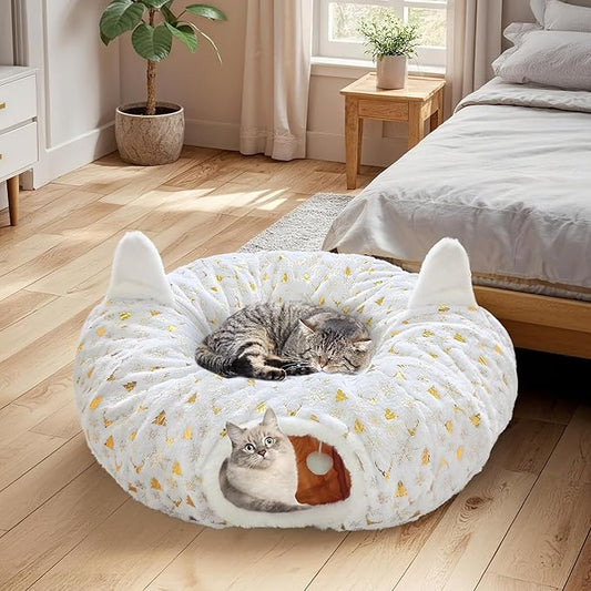 Cat Tunnel Christmas Tree Skirt, Cat Tunnel Bed with Hanging Toy Ball, Foldable Plush Cats Cave Donut Tunnel Christmas Decorations, Kitty Tunnel for Indoor Kitten Rabbit Puppy, White Gilded