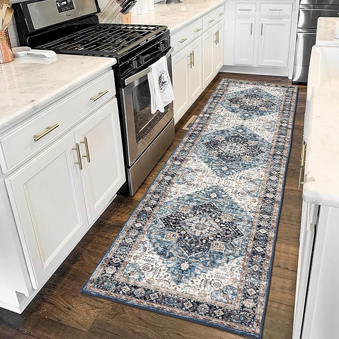 Runner Rug 2횞8, Vintage Boho Rug,Ultra-Soft Low Pile, Washable, Non Slip,Stain Resistant Printed Carpet for Hallway Kitchen Living Room Bedrooms Playroom Office, Blue/Navy