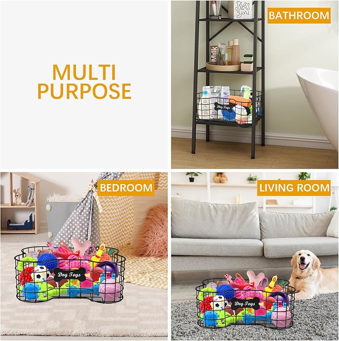 Metal dog toy bin basket bone shape designed outdoor dog toy storage great for collecting pet chew toys leashes clothing in living room area playroom closet shelf