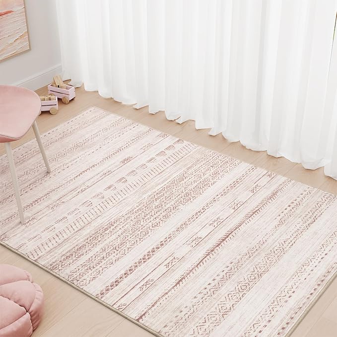 3x5 Pink Area Rug Machine Washable Non Slip Rug Distressed Neutral Moroccan Boho Rug Ultra Soft Indoor Rugs for Bedroom Living Room Entryway Kitchen Foyer Bedside