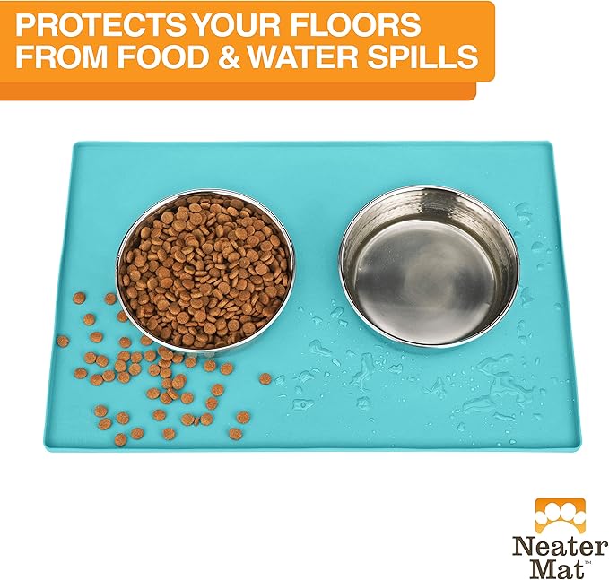 Neater Pet Brands Neater Mat Pet Mats for Food and Water, Cat & Dog Bowl Mat Waterproof Silicone, Feeding Tray, Dog Food Mats for Floors, Placemat w/Raised Edge for Under Bowls, 24” x 16”, Aquamarine