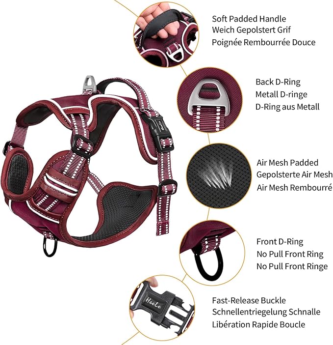 HEELE Dog Harness for Medium Dogs No Pull Dog Vest Harness with Soft Padded Handle Reflective for Outdoor Training, Burgundy Red, M