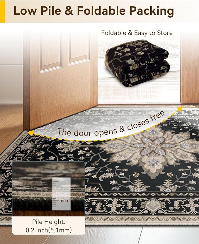 Area Rugs 2'x7' Runner Rug Non Slip Washable for Kitchen Hallway Bedroom Beside Laundry Room Bathroom Rug, Floor Carpet, Black Brown Neutral Dark Tan