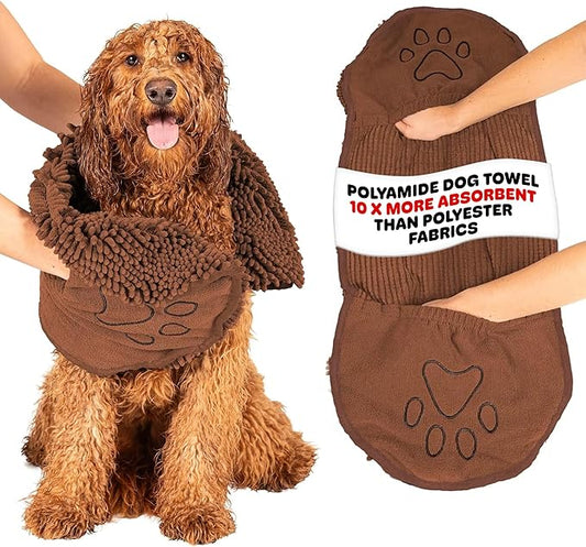 Dog Gone Smart The Dirty Dog Shammy - Fast Drying Plush Shammy Towel with Dual Hand Pockets and Elastic - Super Absorbent Microfiber and Machine Washable - 31 × 13 in, Brown