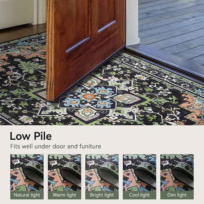 Lofus 3x5 Area Rugs for Living Room, Machine Washable Area Rug, Soft Small Rugs for Bedroom, Kitchen, Office and Indoor, Vintage Boho Carpet, Non-Slip Low Pile Carpets, Dark Green