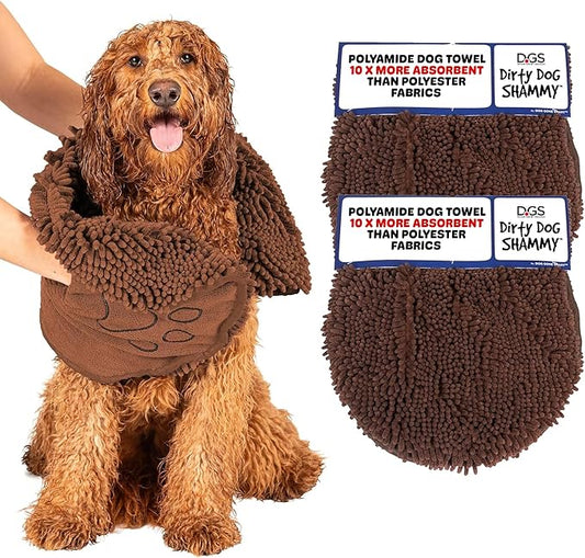 Dog Gone Smart The Dirty Dog Shammy - 2-Pack, Fast Drying Plush Shammy Towel with Dual Hand Pockets and Elastic - Super Absorbent Microfiber and Machine Washable - 31 × 13 in, Brown