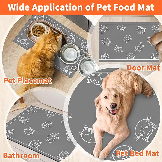 Cute Grey Cat Food Mat, Stain-Resistant Dog Cat Feeding Mat, Non-Slip Super Absorbent Pet Food Pad, Pet Bowl Mat for Food & Water Bowls, Cartoon Pattern Design, 12 x 20 Inch