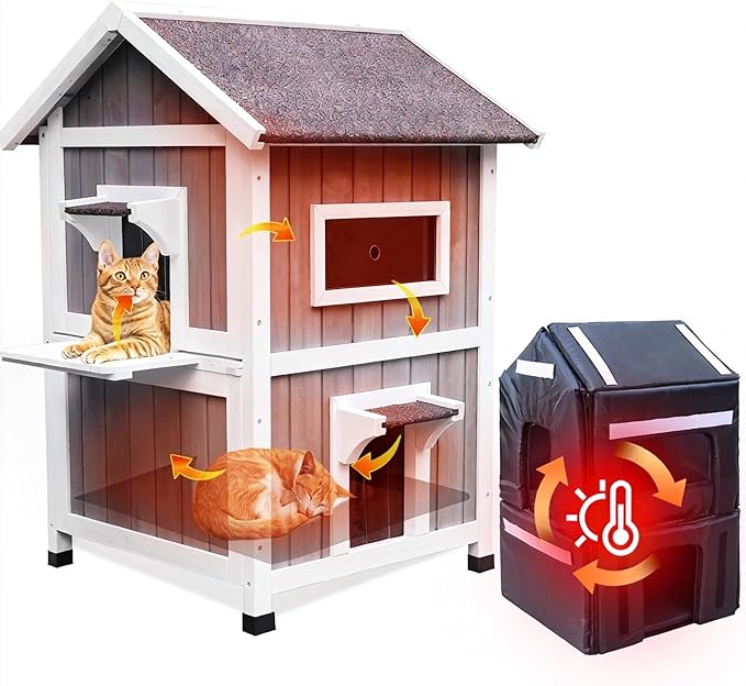 Rockever 100% Insulated Cat House with Insulated Liner, Waterproof Cat House for Outdoor Cats in Winter, Feral Cat Shelter for Outdoor Use with Escape Door