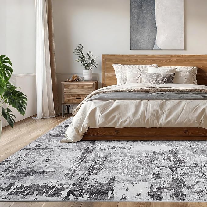 GarveeHome Modern Area Rug 6x9 Washable Rugs for Living Room Aesthetic, Large Abstract Non-Slip Low-Pile Indoor Dark Grey Printed Accent Carpet for Bedroom Dining Room Office