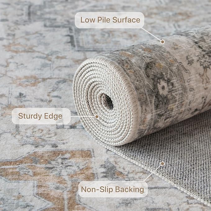 GENIMO 7'6''x9'6'' Area Rugs for Living Room, Machine Washable Rugs, Low Pile Non Slip Vintage Rug for Bedroom, Dining Room, Home Office, Light Taupe Brown