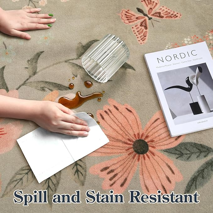 Lahome Floral Washable 6x9 Area Rugs, Soft Bedroom Rug for Living Room Ultra-Thin Non Slip Dining Room Rug, Stain Resistant Boho Rugs Easy Clean Throw Carpet for Office(6'x9',Brown)