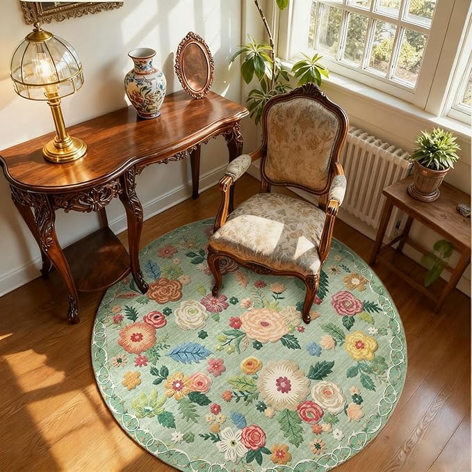 4x4 Round Bedroom Rug Washable: Round AreaRug Stain Resistant Green Floral Rug Non Slip Low Pile Small Carpet for Bedroom Kitchen Entryway Living Room Bedside Office Dorm Kids Room Entrance