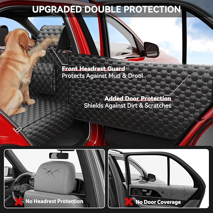 Dog Car Seat Cover for Back Seat, Waterproof Back Seat Extender for Dogs w/Door & Headrest Protector, Hard Bottom Pet Bed Hammock Holds 420lbs, for Cars SUVs Small Trucks(Not for 3-row seats)
