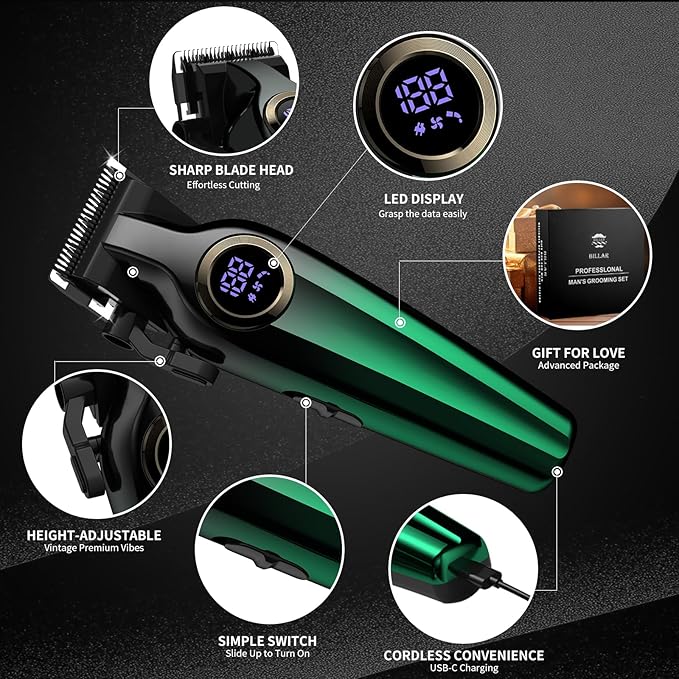 BILLAR® Hair Clippers for Men with Beard Trimmer, Professional Clippers & Beard Trimmers Set, Electric Razor Shavers for Men, Cordless Men’s Grooming Kit for Nose, Face, Hair (Green)