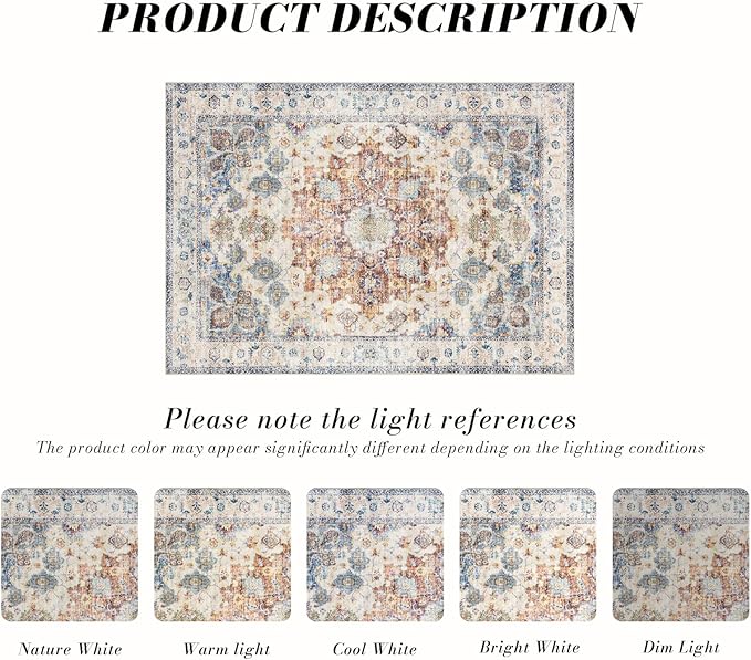 Area Rug 3횞5, Vintage Boho Rug,Ultra-Soft Low Pile, Washable, Non Slip,Stain Resistant Printed Carpet for Living Room Bedrooms Playroom Office Kitchen, Blue/Red