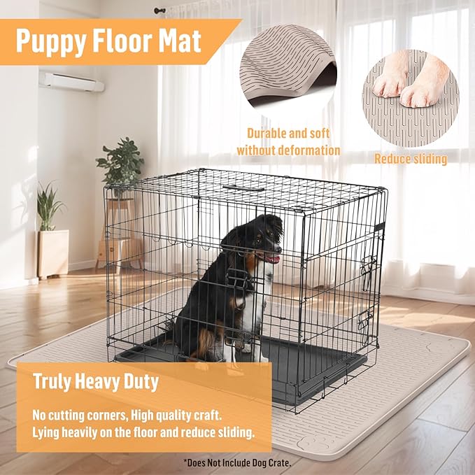 Silicone Dog Bed Mat, 50"x 35" Crate Mat for Dog Cages, Kennel Mat with Raised Edge, Washable, Waterproof, Leakproof, Protect Floors (Khaki)