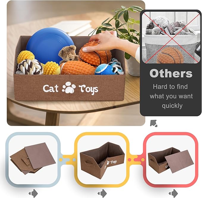 2X Thicker Large Cat Toy Bin - Collapsible Box, Sturdy Basket, Kitten Storage Bed for Organizing Toys, Treats, Clothes and Accessories (Brown)