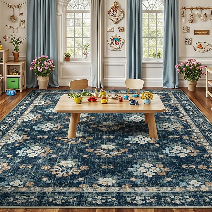 Lessymo Floral Living Room Rug 5x7, Soft Washable Area Rugs for Bed Room Dining Room, Soft Low Pile Carpet with Non Slip Backing Distressed Indoor Boho Carpet, Navy/Beige