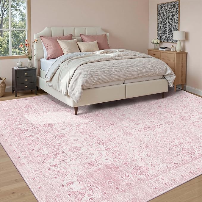 8x10 Area Rugs for Living Room Bedroom,Pink Large Washable Neutral Rug, Vintage Floral Retro Boho Non Slip & Low Pile Carpet for Indoor Dining Room, Classroom, Dorm, Nursery and Kids Room