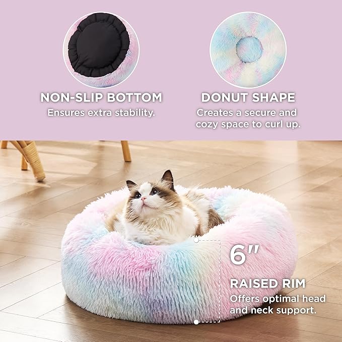 Bedsure Calming Cat Beds for Indoor Cats - Small Washable Round Cat Bed, Anti-Slip Fluffy Plush Faux Fur Pet Bed, Fits up to 15 lbs Pets, Multi-Colored, 20 inches