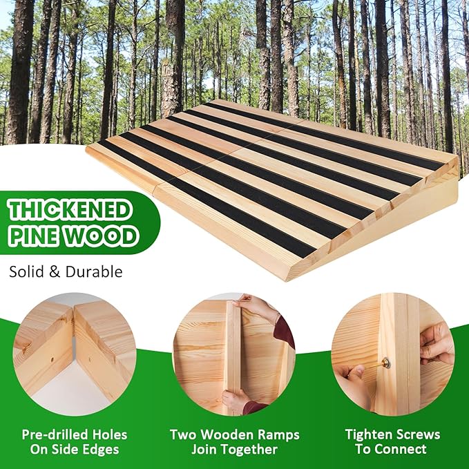Wooden Threshold Ramp for Home Steps, 5" Rise Doorway Ramp for Wheelchair/Walker/Cart/Scooter, Multipurpose Door Ramp with Non-Slip Stripes(35.4" W*5.0" H, Solid Wood, 800LBs Capacity)