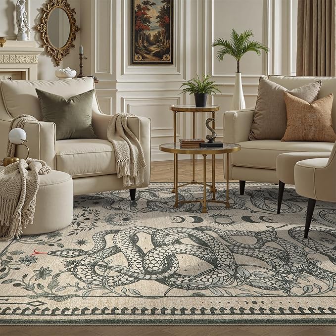 DCX Washable 4x6 Snake Rug, Beige Gothic Rug for Living Room, Soft Low Pile Carpet, Kid & Pet Friendly with Rubber Back Non Slip, Stain Resistant Rug for Bedroom Dining Room Office