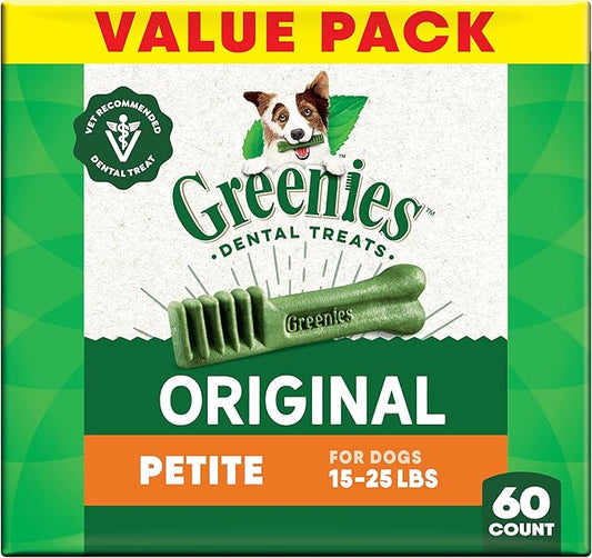 Greenies Veterinarian-Recommended Adult Natural Dental Dog Treats Petite Size, Dog Dental Chews, Original Flavor, 36 oz. Pack, 60 Count