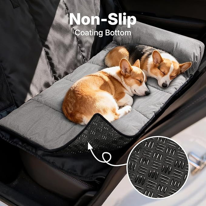 Veehoo Dog Bed for Car, Waterproof Car Dogs Bed with Bolster for Long Trips, Portable Dog Cars Seat Cover for Back Seat & Large Beds Extender for Dogs, Travel Accessories of SUV & Trucks