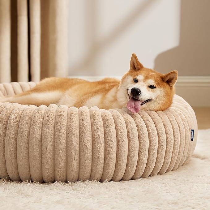 Bedsure ComfyFleece Donut Large Dog Bed - Washable Faux Fur with Corduroy Fleece & Anti Slip Bottom, Round Pet Bed with Removable Cover, Sandy Beige, 36x36x8 inches