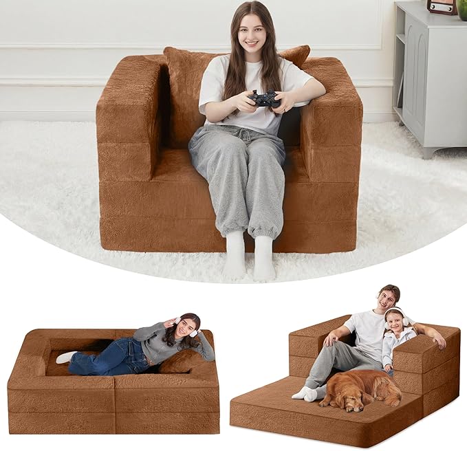 Futon Sofa Bed with Pillow, 3-in-1 Sleeper Sofa Bed with Removable Cover, Convertible Floor Sofa Bed, No Assembly Boneless Couch for Living Room, Bedroom