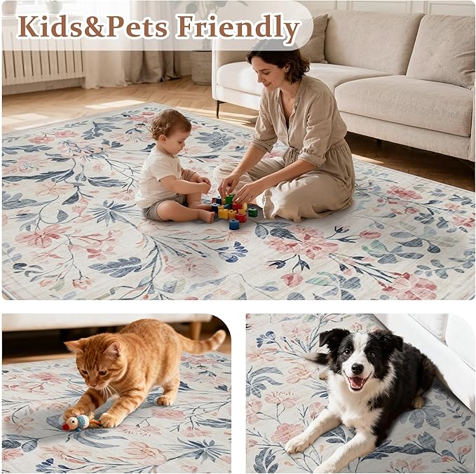 Area Rugs 9x12 Living Room: Lagre Boho Living Room Rug Soft Non-Slip Thin Carpet Indoor Floor Non-Shedding Neutral Floral Carpets for Bedroom Dining Room Farmhouse Nursery Multi