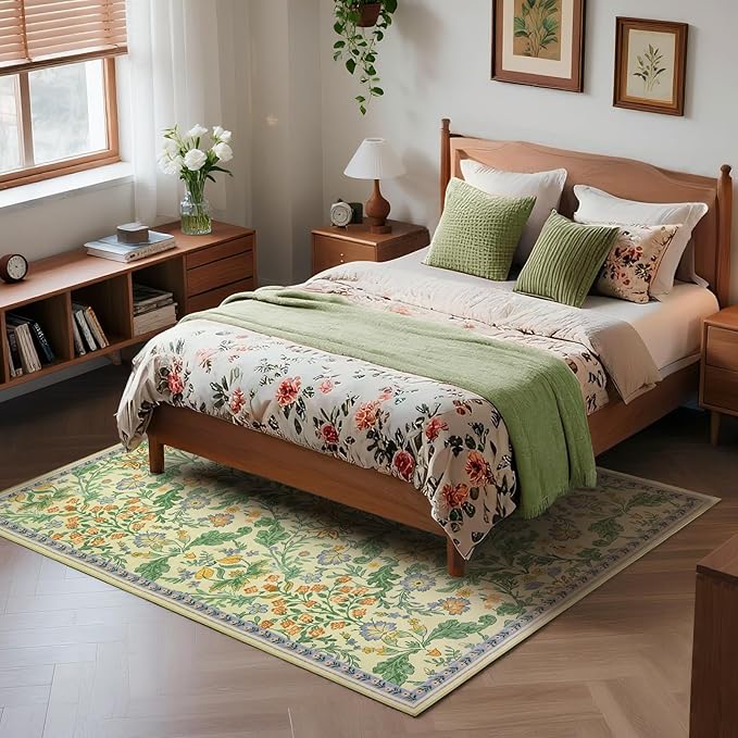 Floral Area Rug for Living Room: 8x10 Washable Soft Low Pile Thin Indoor Carpet, Non Slip Stain Resistant Vintage Flower Boho Accent Large Rugs for Bedroom, Dining, Home Office, Nursery - Ivory