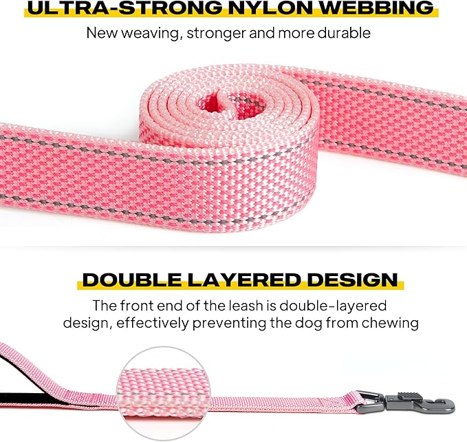 Fida 6 FT Heavy Duty Dog Leash with 2 Comfortable Padded Handles, Traffic Handle & Advanced Easy Snap Hook, Reflective Walking Lead for Large, Medium & Small Breed, Pink