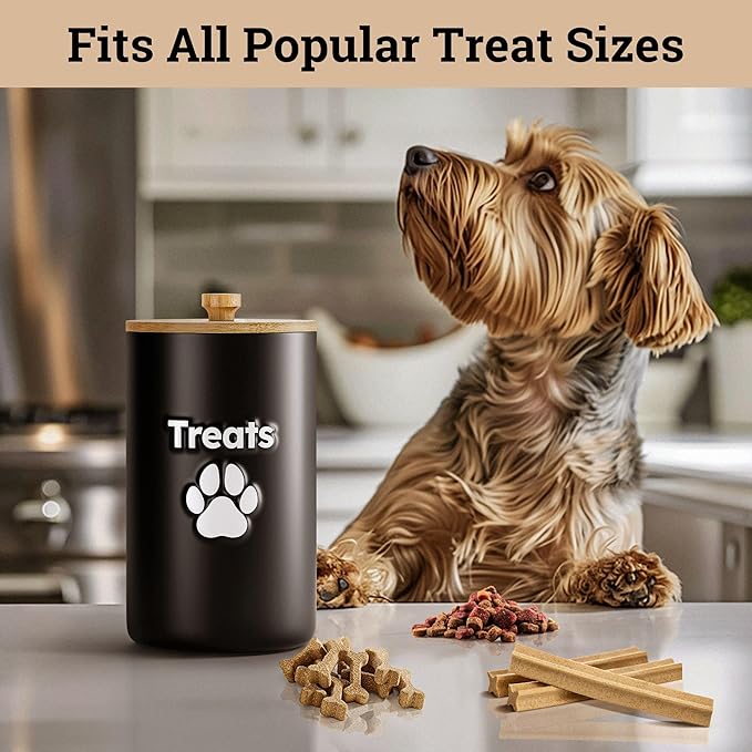 Dog Treat Container Airtight - 5 Inch Wide x 9 Inch Tall Ceramic Dog Treat Jar for Kitchen Counter with Airtight Bamboo Lid - 7 Cup Capacity Pet Treat Container - Doggie Cookie Jar - Treats Canister
