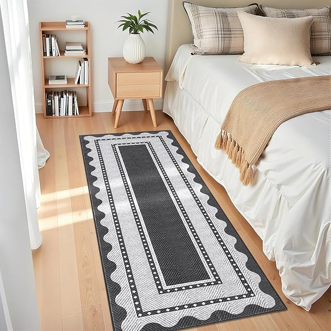 GarveeHome Hallway Runner Rug 2x6 Washable Modern Neutral Area Rug, Non Slip Low Pile Border Kitchen Mats for Floor, Contemporary Stain-Resistant Soft Accent Carpet for Bedroom, Entryway, Black Grey