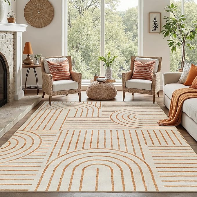 DCX Beige Machine Washable 6x9 Area Rug, Midcentury Modern Non Slip Stain Resistant Rug 6x9 for Living Room, Playroom, Dining Room, Soft 0.25" Low Pile Large Carpet